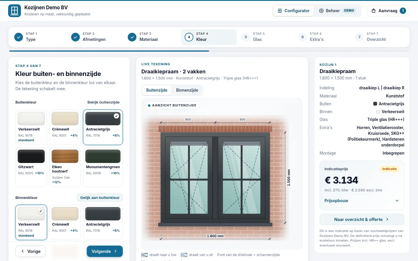 De kozijnconfigurator met live tekening en prijsindicatie