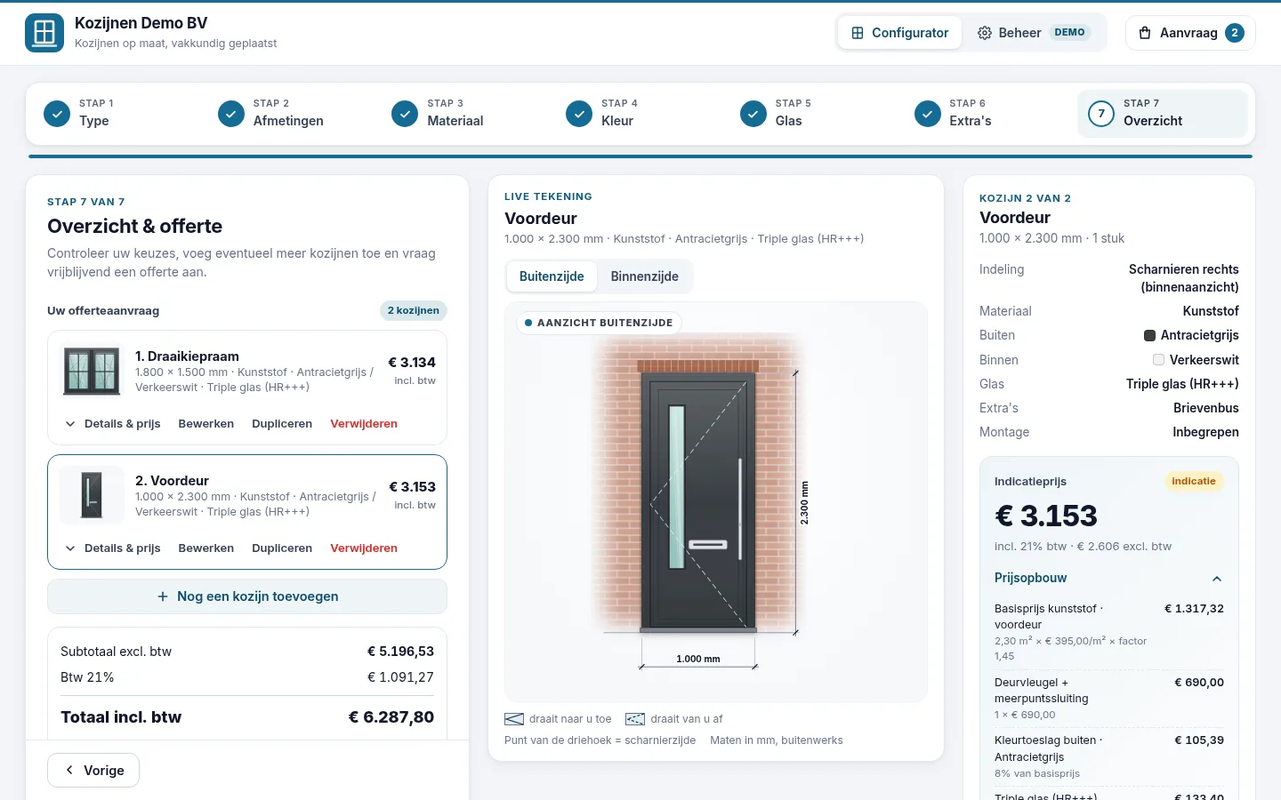 Overzicht van een offerteaanvraag met meerdere kozijnen